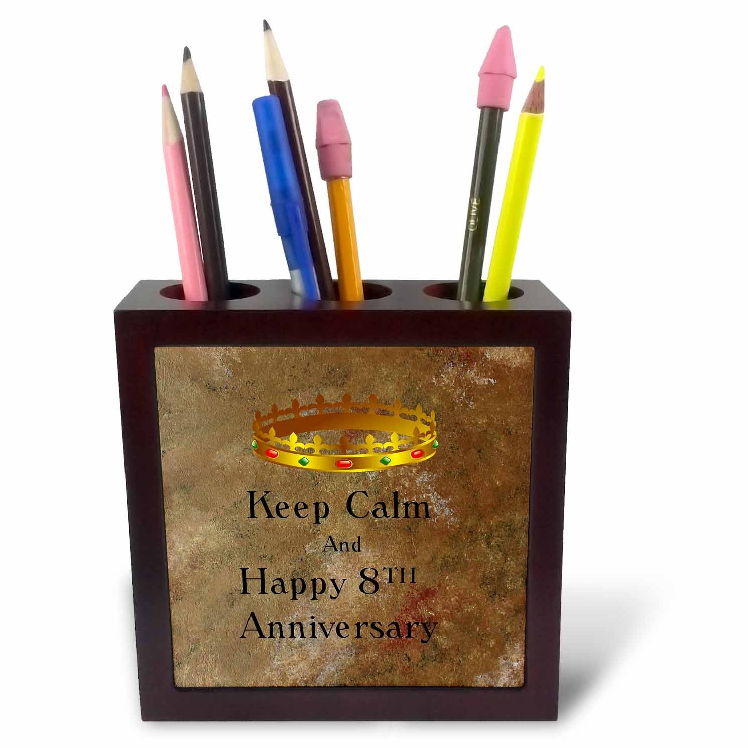 3dRose ph_238665_1 5-Inch Image of Keep Calm and Happy 8Th Anniversary with Crown Tile Pen Holder