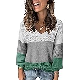 FEKOAFE Womens Sweaters 2026 Fall V Neck Long Sleeve Hollow Knit Pullover Sweaters for Women