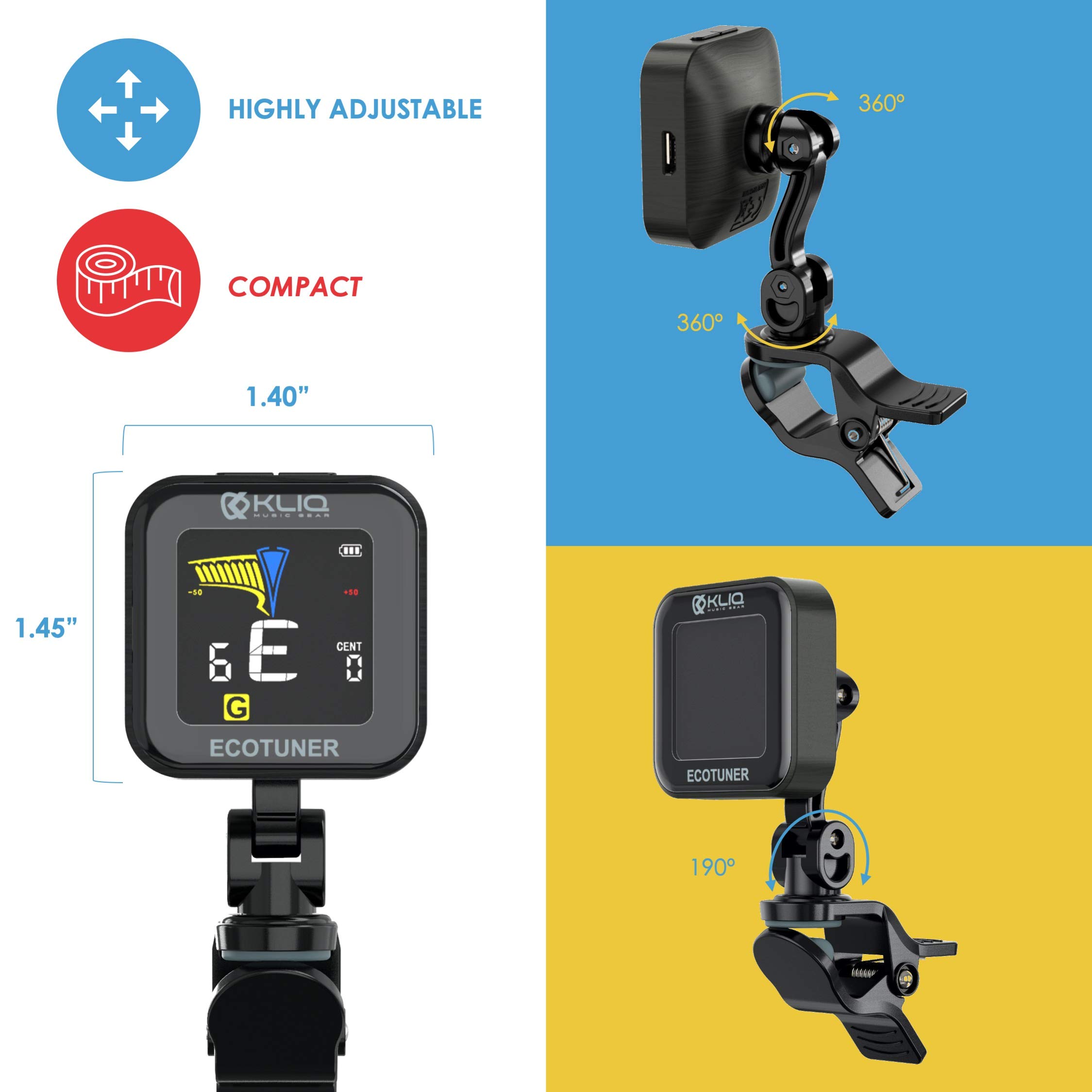 KLIQ EcoTuner - USB Rechargeable Clip-On Tuner for All Instruments (with included charging cable)
