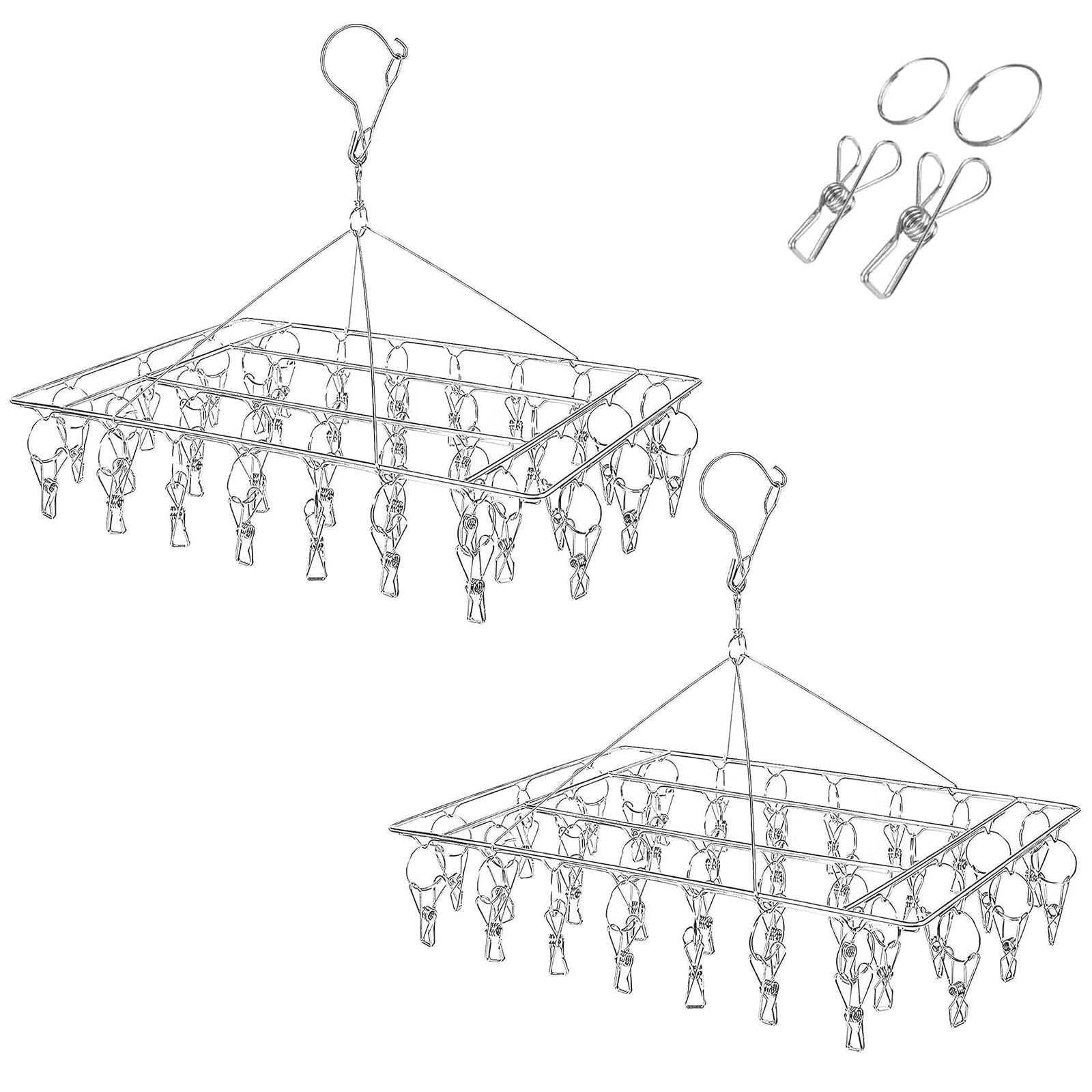 Qualsen Sock Hanger for Washing Line, 2 Pack Underwear Hanger,Folding Sock Dryer,Peg Airer,Stainless Steel Metal Clothes Pegs with 36 Pegs for Drying Baby Clothes,Cloth Diapers,Bras,Towel,Hat,Scarf