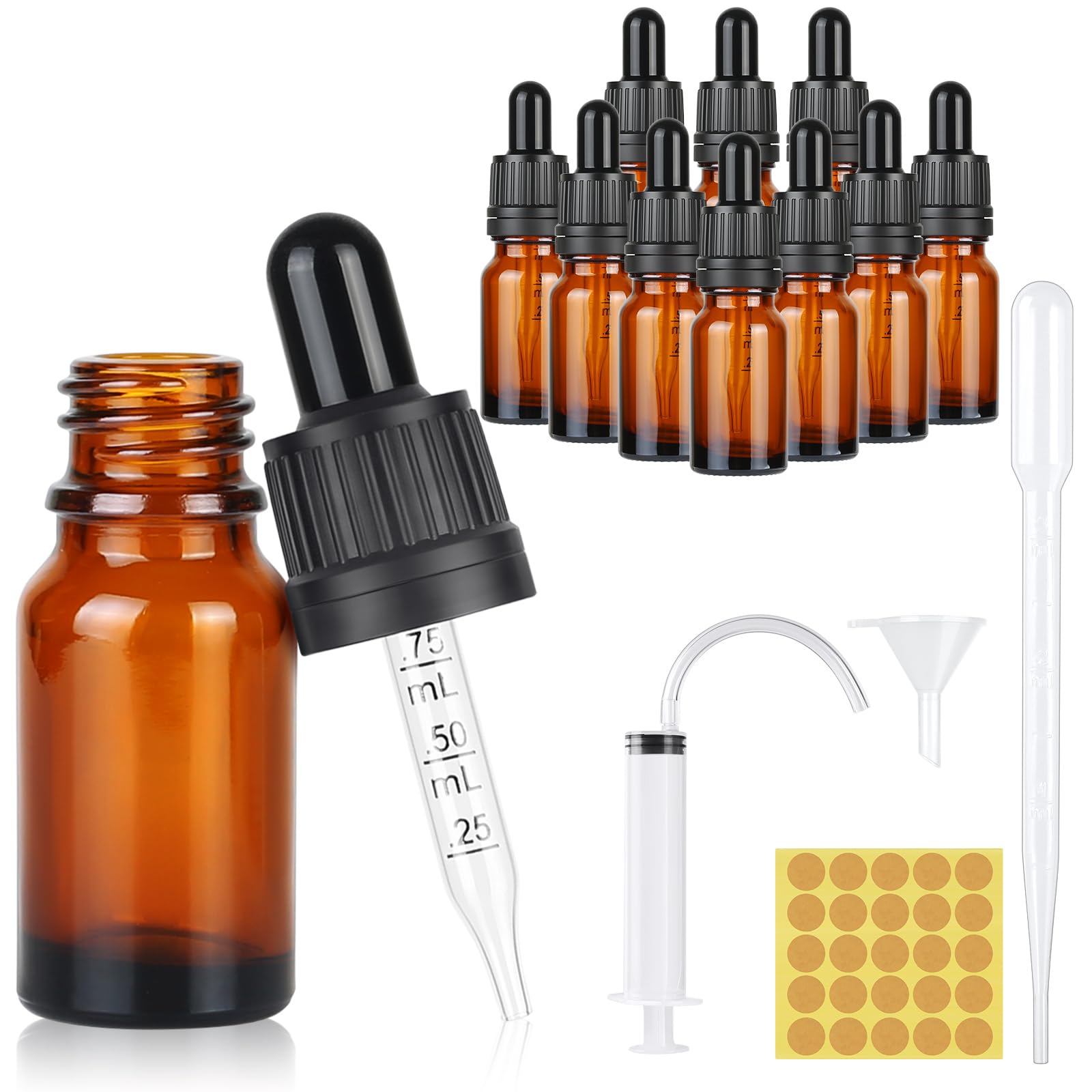 Furuising 10PCS 10ml Glass Dropper Bottle,Pipette Dropper Bottle, Reusable Amber Glass Dropper Bottles with 3ml Dropper, 10ml Syringe, Funnel, Stickers for Essential Oils Aromatherapy