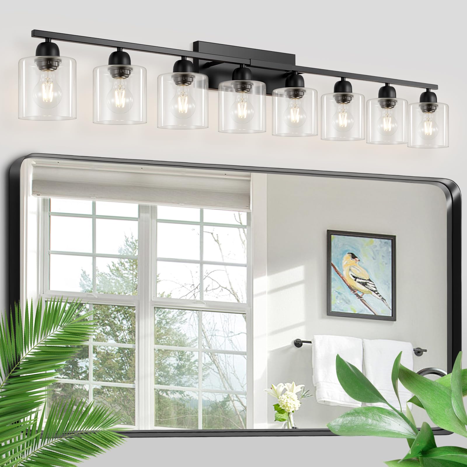 FAISHILAN Modern 8 Light Bathroom Light Fixtures, 52 inch Vanity Lights for Bathroom with Clear Glass, Black Bathroom Light Fixture for Mirror Kitchen Living Room Hallway Cabinet Porch Image