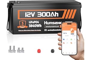 HumsiENK Bluetooth 12V 300Ah Battery LiFePO4 Lithium Built-in 100A BMS, 15000 Deep Cycles Battery 3840Wh with Low-Temp Protection for RV Marine Trolling Motor Home Energy Storage Off-Grid Living