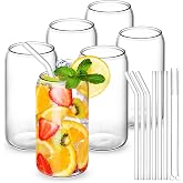 CWHHRN Glass Cups with Straw 6 Set, 16oz Beer Glasses, Glass Coffee Cups, Iced Coffee Glasses, Glass Tumbler for Whiskey, Sod