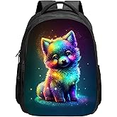 CBETF Wolf Backpack for Girls Boys Cute Baby Wolf School Backpack Kawaii Animal Rainbow Colorful Starry Stars Bookbag, 16 Inch Kindergarten Elementary School Backpack for School & Travel