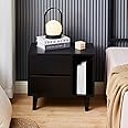 TUKAILAi Modern Nightstand with 2 Drawers, Open Storage & Solid Wood Legs, Bedside Table Cabinet Storage Unit for Bedroom (Black)