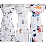 Little Jump Lot de 3 couvertures d'emmaillotage en mousseline de coton bio pour bébé - Motif renard et cerf et girafe - Pour 