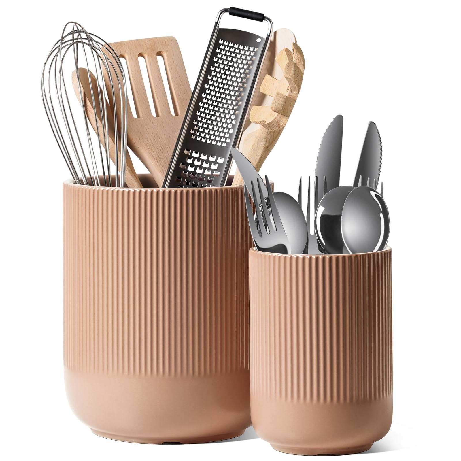 LE TAUCI Utensil Holder, 7.3"+5.4" Ceramic Kitchen Utensil Holder for Countertop, Large Cooking Utensil Crocks for Kitchen Counter, Modern Utensil Organizer for Spatula, Set of 2, Dusty Pink Image LE TAUCI Utensil Holder, 7.3"+5.4" Ceramic Kitchen Utensil Holder for Countertop, Large Cooking Utensil Crocks for Kitchen Counter, Modern Utensil Organizer for Spatula, Set of 2, Dusty Pink Image