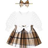 Qaoerde Baby Girl Dress Puff Sleeve Plaid Dress Ribbed Newborn Dress Clothes Fall Winter Outfits with Bowknot Headband