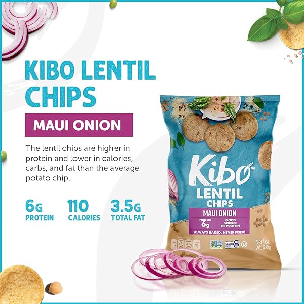 KIBO LENTIL CHIPS MAUI ONION FLAVOR – GLUTEN-FREE, HIGH PROTEIN-FIBER, NON-GMO, PLANT-BASED, MADE WITH REAL VEGGIES – 28G, 12 PACK