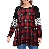MONNURO Womens Plus Size Long Sleeve Shirts Color Block Stripe Loose Swing Tunic Tops For Leggings