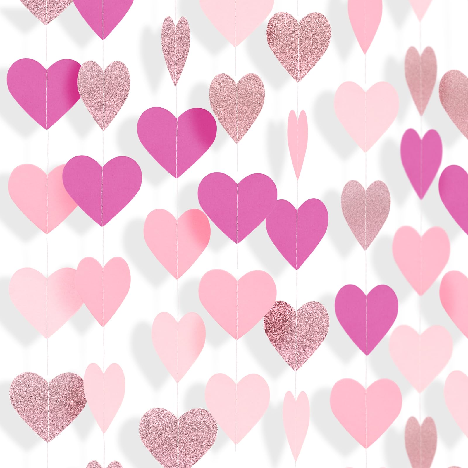 G2PLUS Pink Heart Garland: 16m Heart Bunting Banner, Glitter Streamer Garland, Hanging Party Decorations for Valentine’s Day, Birthday Party, Baby Shower, Bridal Shower, Wedding