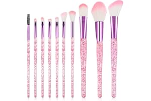 SALBSEVER 10 PCS Glitter Crystal Makeup Brush Set Cute Makeup Brushes Bling Professional Concealer Eye Shadow Eyeliner Blush Lip Blending Synthetic Brushes Tools Kit Face Cosmetics Blending Brushes for Women