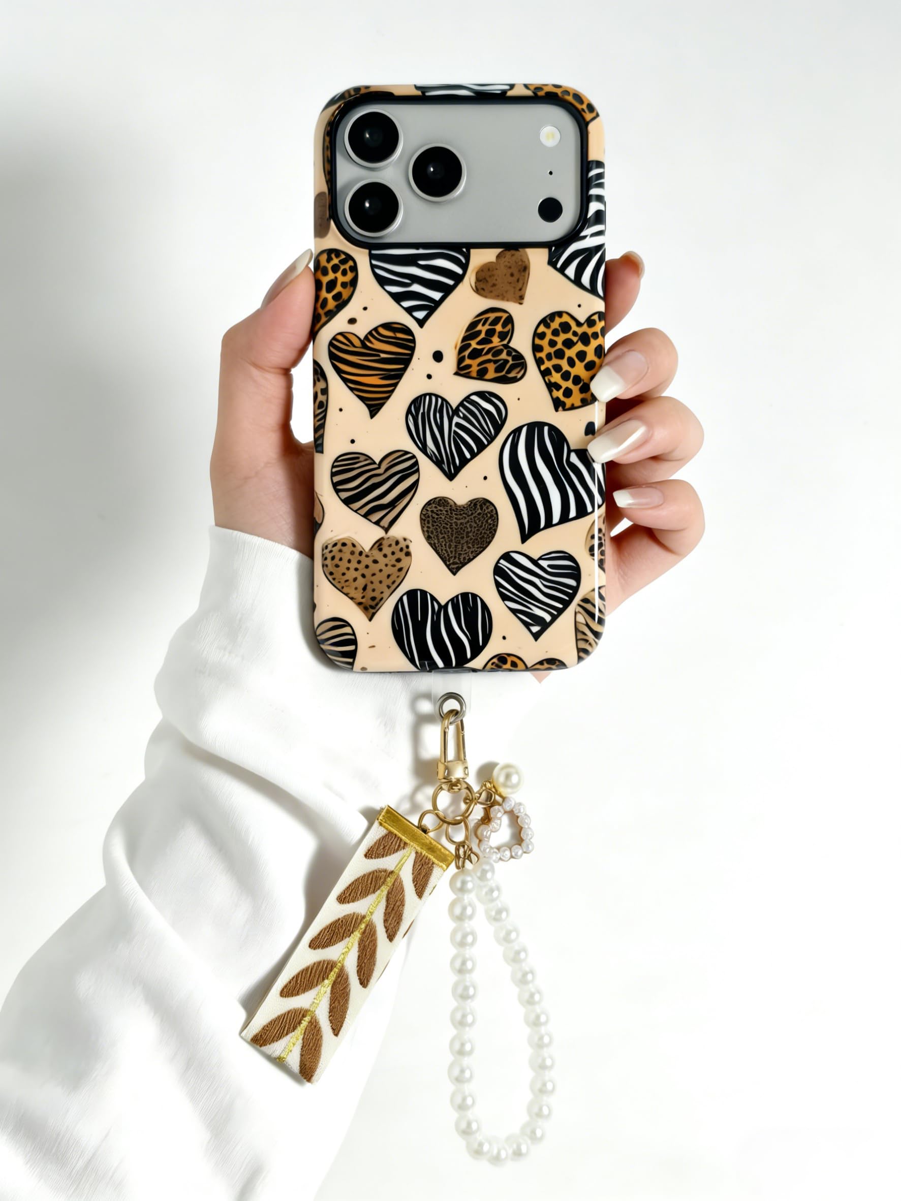 Compatible with iPhone 17 Pro Case Animal Print Heart Phone Case Design With Pearl Wrist Strap Aesthetic for Women Girls Simple Chic Girly Pretty Dual Layer Hybrid Protection Cover-Heart Camouflage