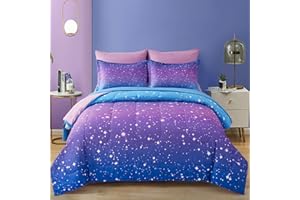Drucon Girls Comforter Set Twin Size 6 Pieces Bed in A Bag Ombre Blue Purple Rainbow Bedding Set for Kids (1 Comforter, 1 Flat Sheet, 1 Fitted Sheet, 1 Pillow sham, 2 Pillowcases)