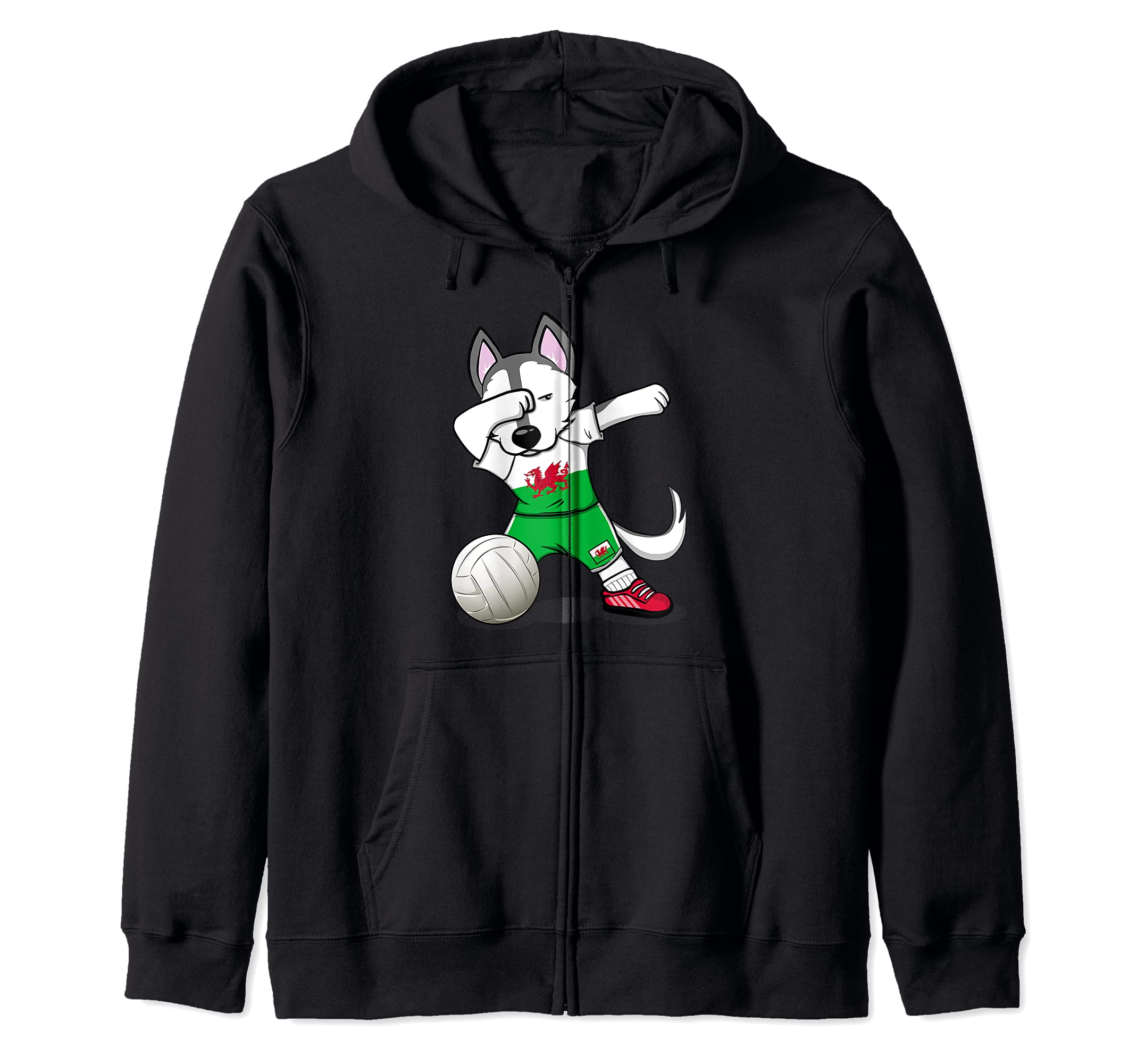 Dabbing Husky Dog Wales Volleyball Fans Jersey - Welsh Flag Zip Hoodie