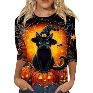 Halloween Shirts for Women Plus Size Cute Cat Print Graphic Tees Casual Crew Neck 3/4 Sleeve Pullover Blouses