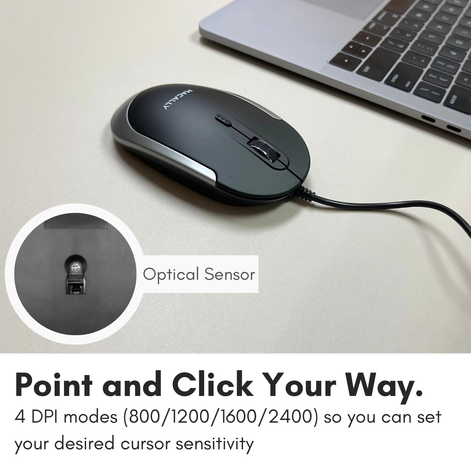 Macally Silent Wired Mouse - Slim & Compact USB Mouse for Apple Mac or Windows PC Laptop/Desktop - Designed with Optical Sensor & DPI Switch - Simple & Comfortable Wired Computer Mice (Space Gray)
