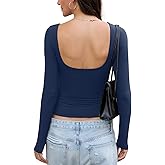 EasyGala Womens Open Back Double Lined Top Long Sleeve Y2K Going Out Top Sexy Backless Boat Neck Shirt Spring Fall Tee