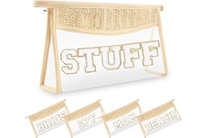 UIXIZQ Small Boho Straw Clear Stuff Makeup Bags for Women&Girls, Zipper Cosmetic Bag Chenille Varsity Letter Patch Bag, Preppy Cute Toiletry Pouch, Trendy Organizer Storage Bag for Beach Travel Essentials