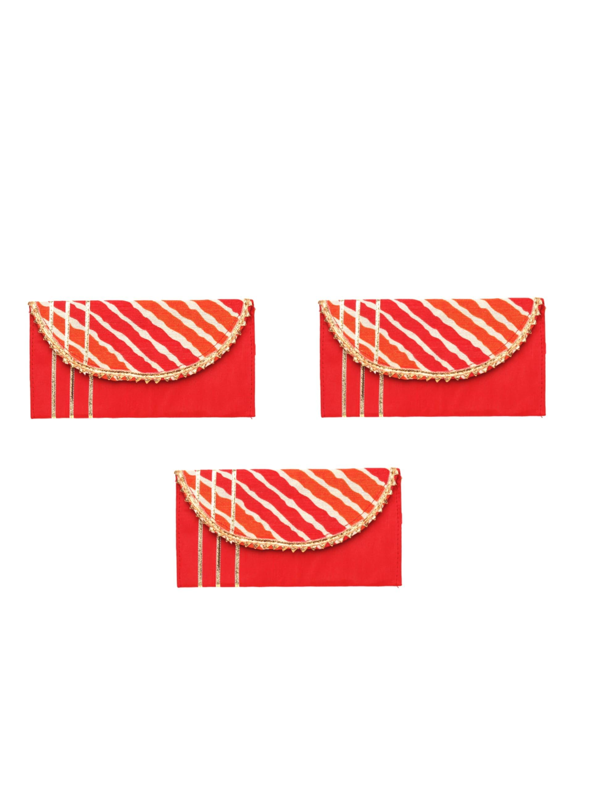 Set of 3 Money Envelopes Shagun Lifafa Handmade Fabric Christmas New Year Decorations Gifts Gifting Brocade Money Cash Envelope Wedding Housewarming Card tip Fancy Money Holder Bag(Size-8"x4")(Red)