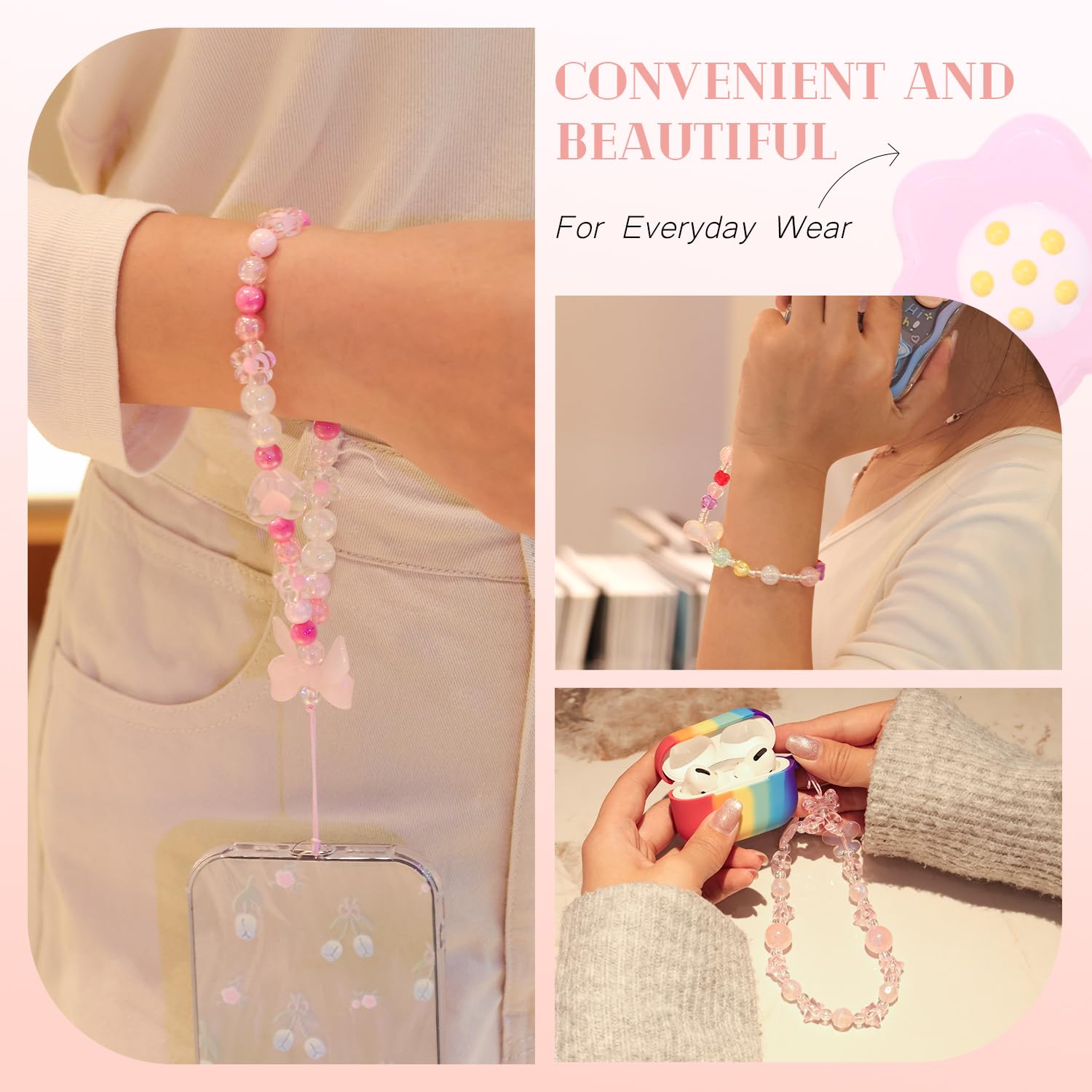 4 PCS Cute Phone Charms Aesthetic Y2K Cellphone Wrist Strap Bedazzling Bear Bow Butterfly Heart Star Flower Accessories Pink Beaded Anti-Theft Chain String for Bag Keychain Airpods Decor
