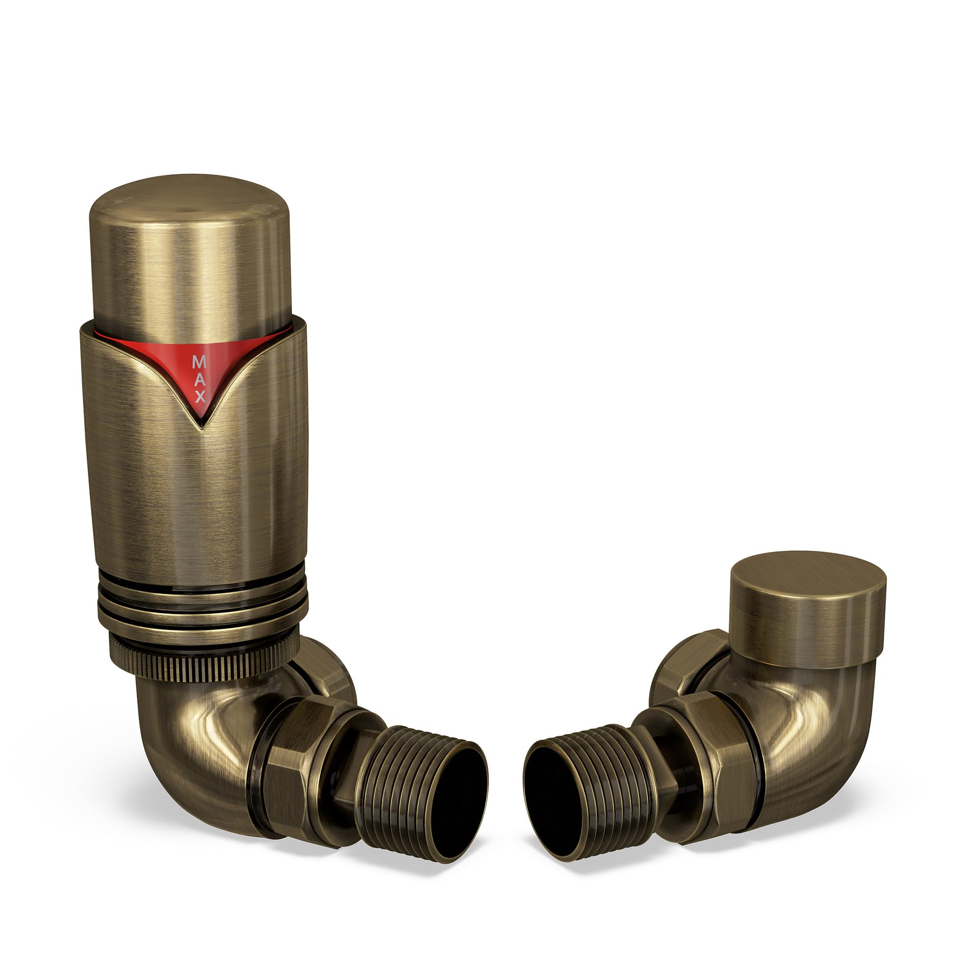 UK Radiators Antique Brass Thermostatic Radiator Valve and Corner Lockshield Valve - Brushed Antique Brass Finish - Classy and Modern Design 1/2" x 15mm Corner Radiator Valve