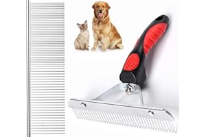TSXUREPAW Undercoat Rake for Dogs, 2 Pack Grooming Kit Long Tooth Undercoat Rake + Stainless Steel Dog Comb, Deshedding Tool Set for Husky Long-haired Cats