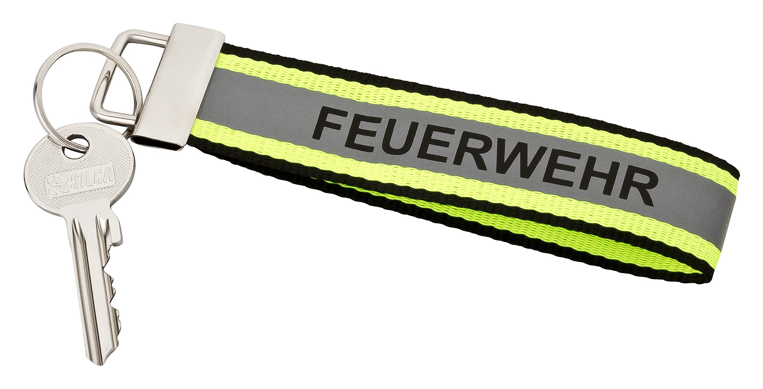 Fire Brigade Key Fob 140 x 30 mm Black with Yellow Silver Yellow Look Reflective Stripes and Key Ring, black, 140x30mm, European