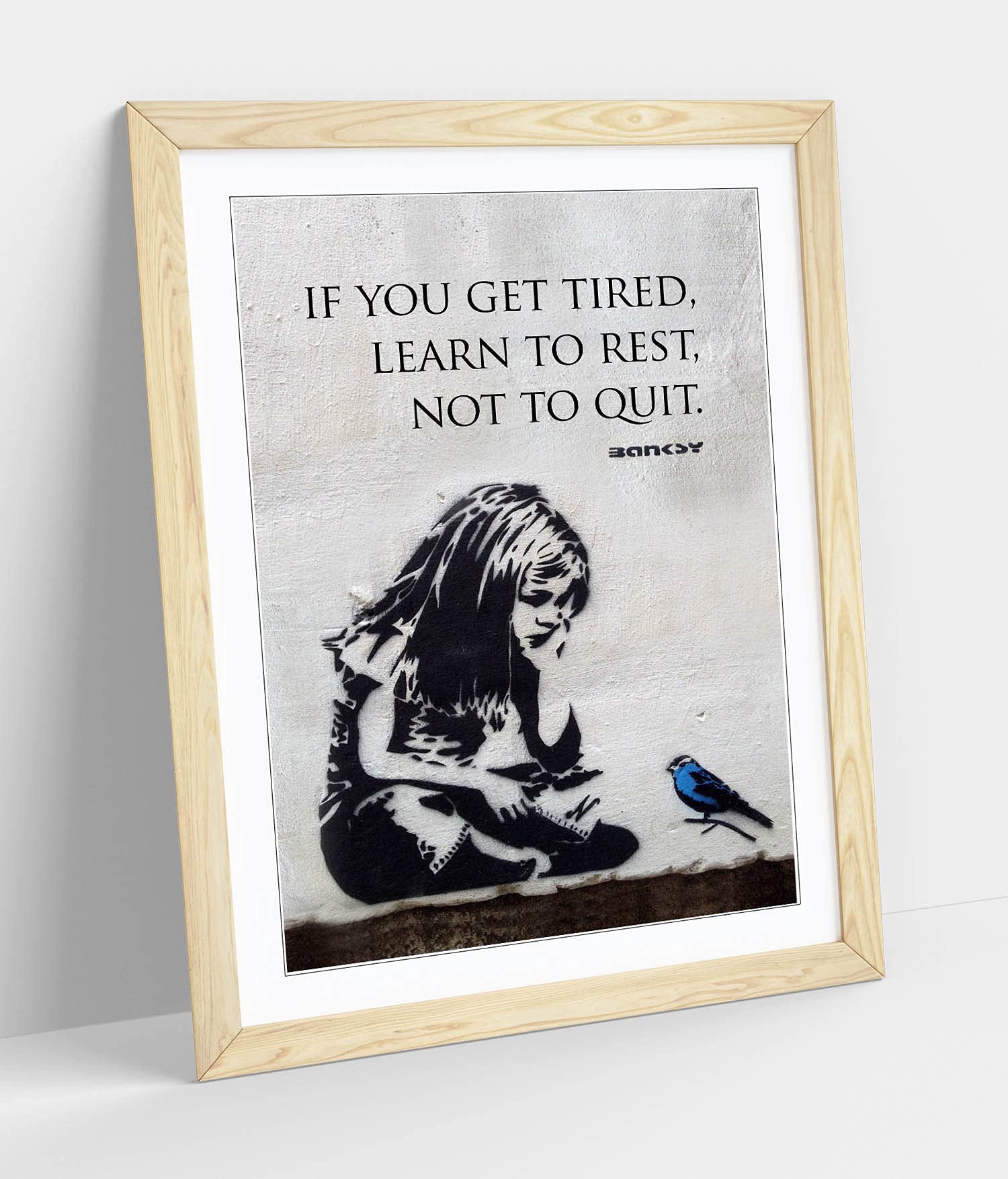 CanvasArtShop BANKSY BLUE BIRD GIRL QUOTE PORTRAIT- PREMIUM WALL ART FRAMED PICTURE PRINTS - 3 COLOURS - 4 SIZES (OAK, A4)