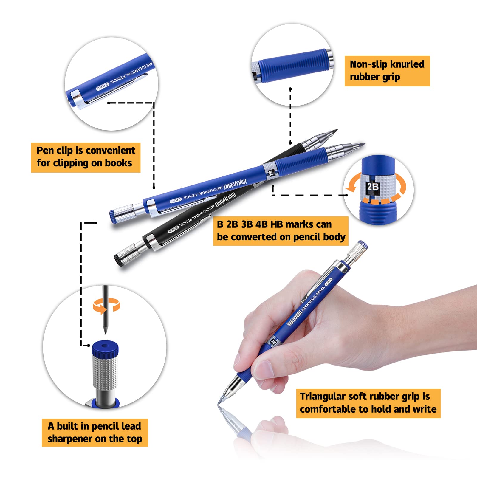 MyLifeUNIT 22 Pcs 2.0 mm Mechanical Pencils Set, 8 Pcs Lead Pencils with 10 Case Lead Refills 2B, HB Black & Colors, 2 Pcs Erasers and 2 Pcs Sharpeners for Drawing, Sketching and Drafting