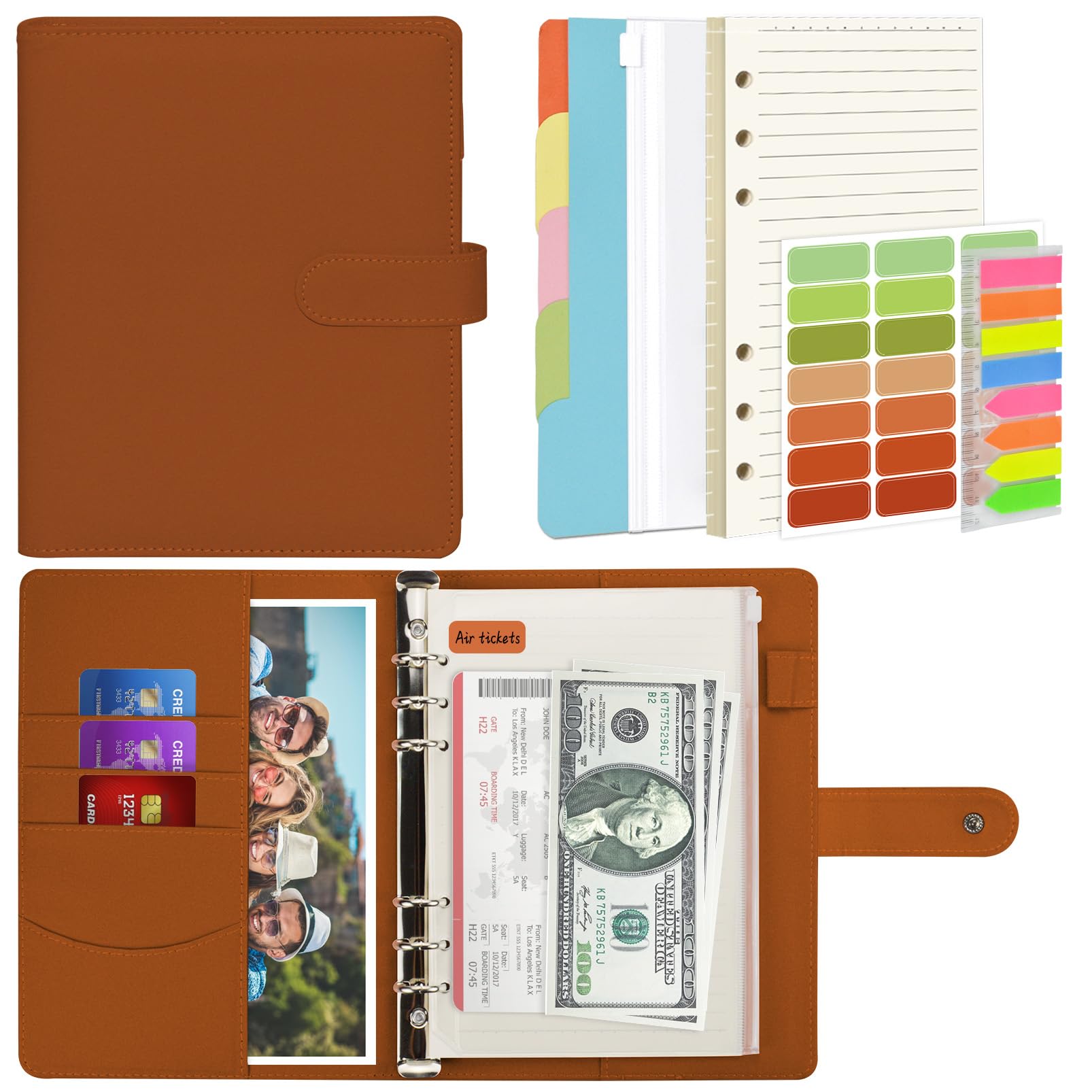 Mlife A5 Notebook Binder Set - 6 Ring PU Leather Planner,5 PCS File Divider,45 Sheets A5 Loose Leaf Paper,Label Stickers,Index Tabs and Clear Cash Envelopes,Personal Organizer Binder（Brown）