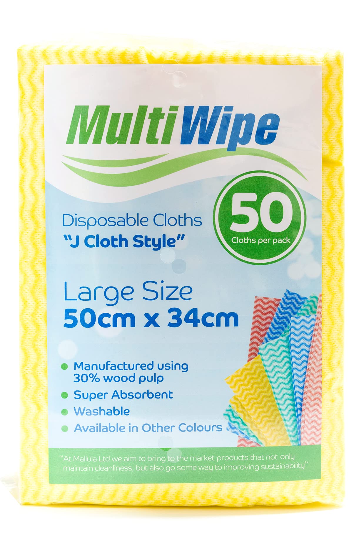 MultiWipe 50 Large yellow disposable cleaning cloths |"J cloth style." | Made with 30% wood pulp | 50cm x 34cm | Also available in packs of 100 and 500