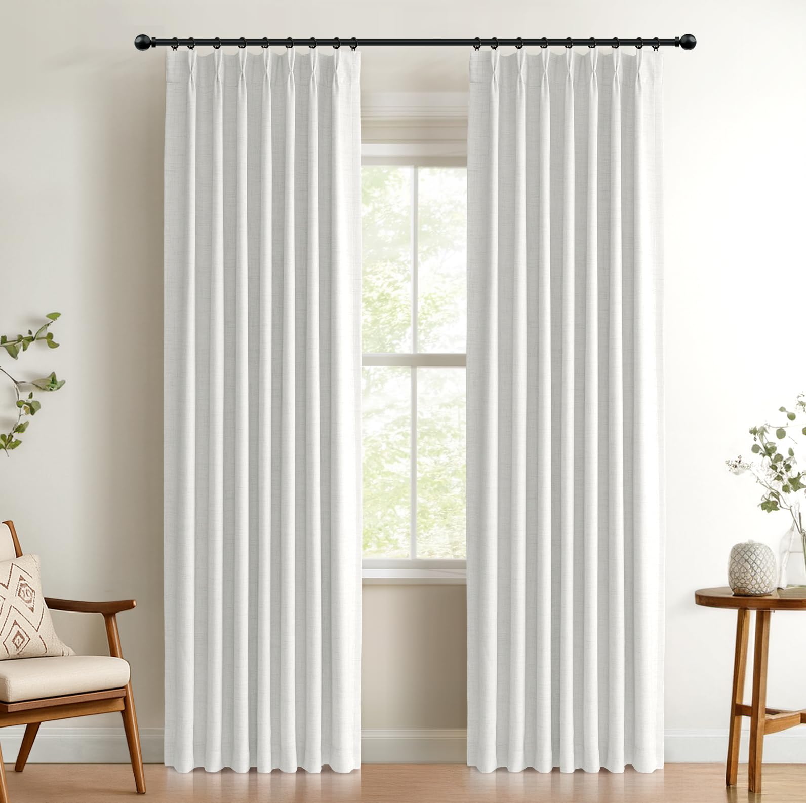 Photo 1 of 100% Blackout Shield Linen Look Textured Pinch Pleated Curtains Blackout Drapes 90 Inch Long 2 Panels Set, Faux Linen Blackout Curtains for Bedroom & Living Room, 40" W x 90" L, Bright White