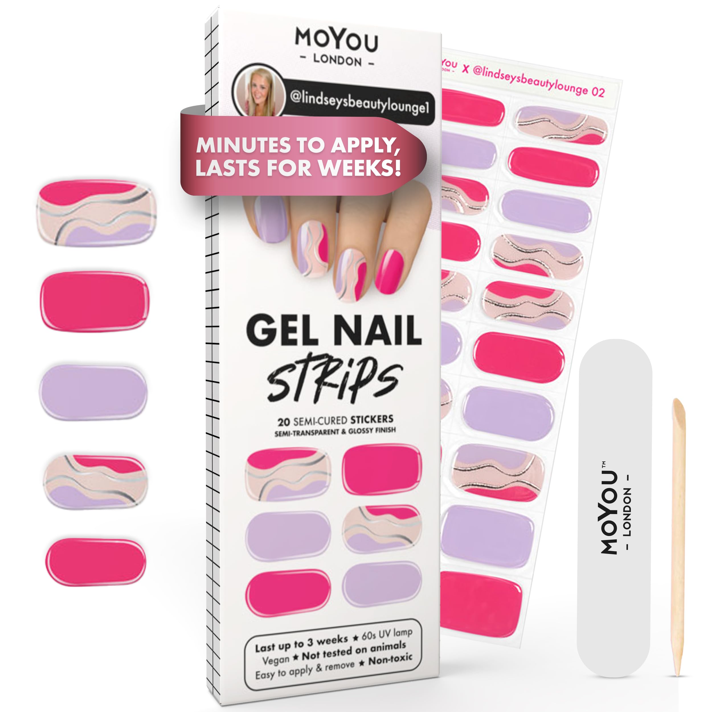 MOYOU LONDON Semi Cured Gel Nail Strips - 20 Pcs. Waterproof Gel Nail Wraps, Cures in Sunlight or UV/LED Lamp, Lasts Up to 2+ Weeks, Stretchable, Easy to Apply & Remove, Vegan & Cruelty-Free