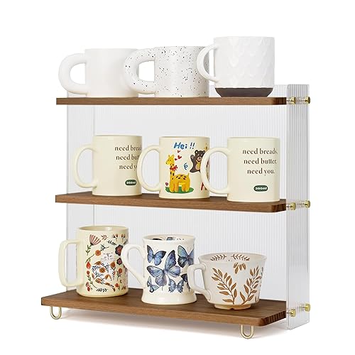 KAOTGOT Coffee Mug Holder Wooden Cup Station Organizer 3 Tier Cup Holder for Coffee Bar Mug Display Rack for Countertop Mug Holder Shelf for Home Kitchen Walnut Wood