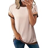 Acelitt Women Casual Summer Tops Short Sleeve Shirts Crewneck Loose Color Block Ribbed T Shirt Tees, S-XXL