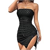 SweatyRocks Women's Strapless Split Bodycon Mini Party Dress Solid Color Tube Top Dresses
