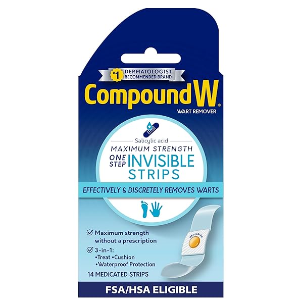 COMPOUND W MAXIMUM STRENGTH ONE STEP INVISIBLE WART REMOVER STRIPS WITH SALICYLIC ACID, WATERPROOF, DISCREET WART REMOVAL BANDAGES FOR COMMON AND PLANTAR WARTS, 14 COUNT
