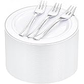 WELLIFE 240PCS Silver Plastic Dessert Plates - Includes 120PCS Silver Forks, 120PCS 6.3 Inch Salad & Appetizer Plates - Perfect for Wedding & Party