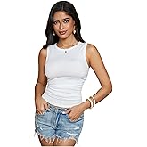 OYOANGLE Women's Summer Tank Top Crew Neck Ruched Basic Solid Sleeveless Fitted Tops