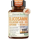 Glucosamine Sulfate with Hyaluronic Acid, Boswellia, Black Pepper & MSM Supplement – 5-in-1 Joint Supplements for Men and Women – Joint Health, Mobility & Bone Strength – FSA Eligible 60 Caps