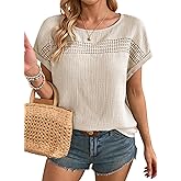 Dokotoo Womens Summer Tops 2026 Crewneck Short Sleeve Hollow Out T-Shirts Casual Loose Solid Color Blouses Shirts