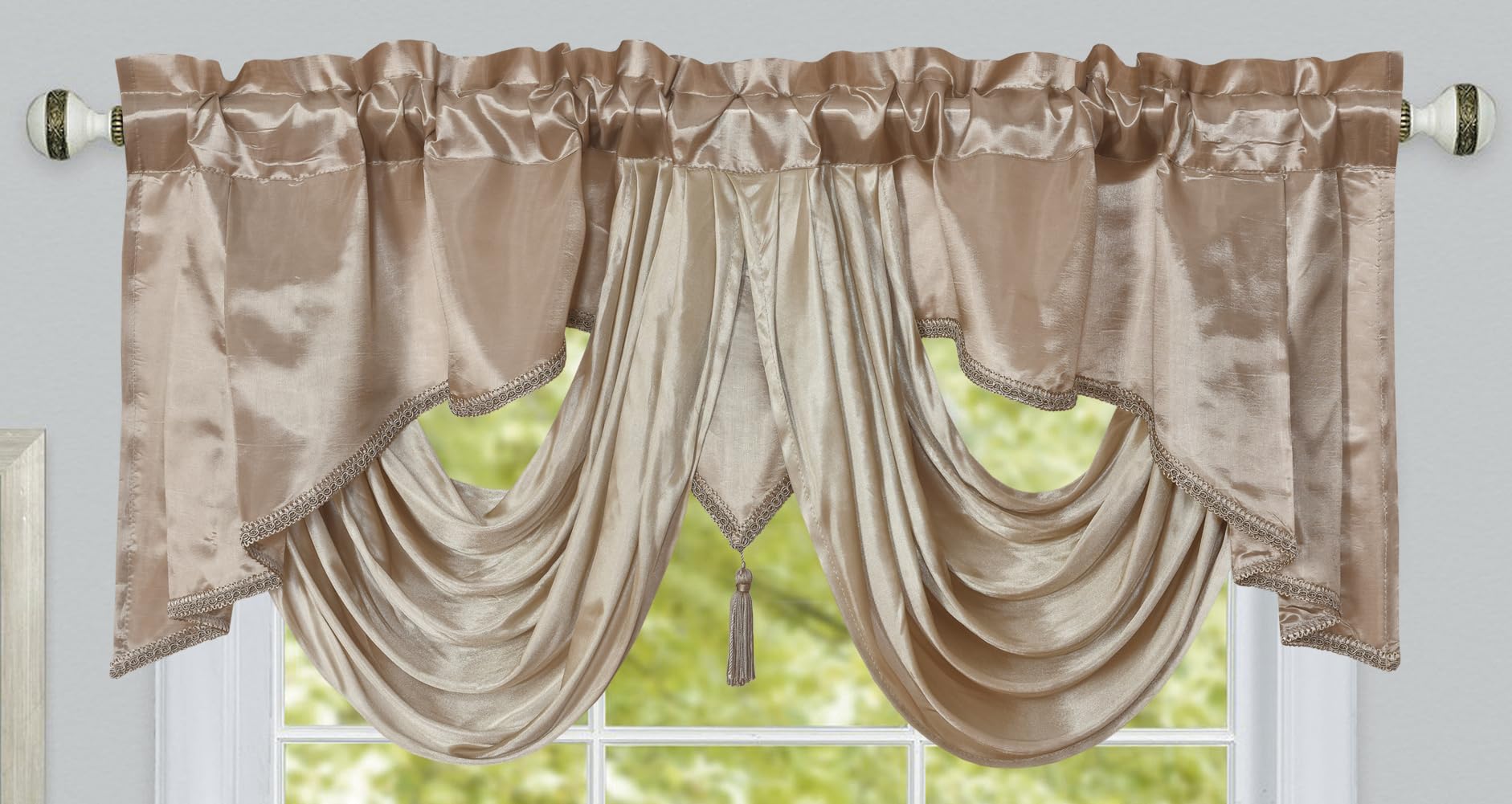 GOHD Valarie Fancy Window Valance. 54 x 18. Taffeta Fabric with Soft Satin Swag. Add Some Royal luxruy Accent to Your Home. (Sand)