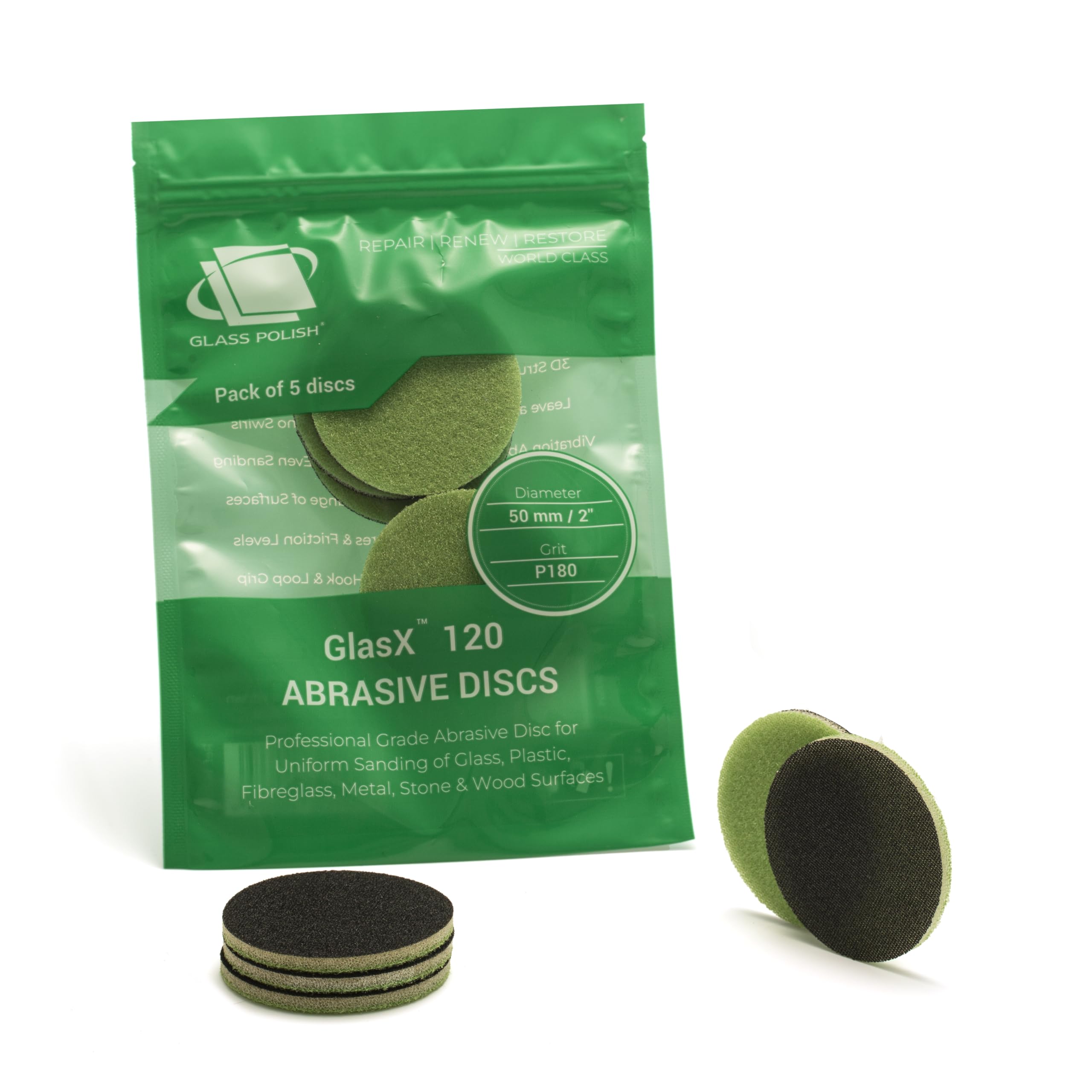 Glass Polish 2 inch (50mm) 180 Grit Pack of 5 Sanding Discs for Rotary Polisher - Foam Backed Silicon Carbide Abrasive P180 - GP14203