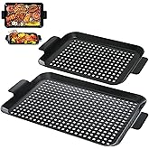 Covzoe 2 Pack Grill Pans, Nonstick Grill Topper for Outdoor Grill | BBQ Grilling Baskets with Perforated Bottom, Heavy Duty Carbon Steel Grill Grid for Cooking Camping, 16.5" x 10", 13" x 7.4"