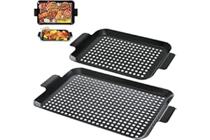 Covzoe 2 Pack Grill Topper Pans, Nonstick Barbecue Grilling Baskets with Perforated Bottom, Heavy Duty Carbon Steel Grilling 