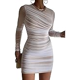 GOKATOSAU Women's Sexy Round Neck Mesh Long Sleeve Full Ruched Bodycon Mini Dress