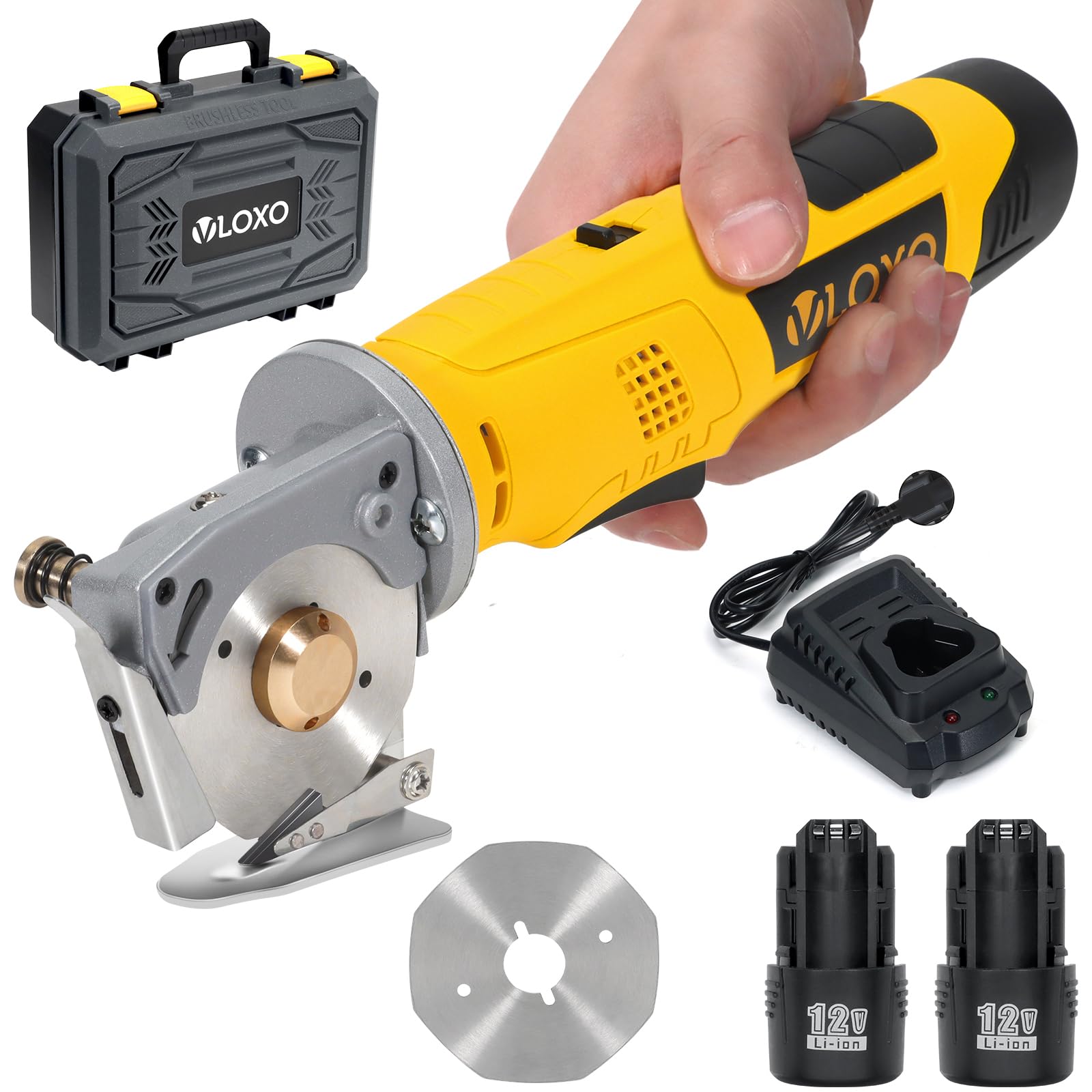 VLOXO Cordless Electric Scissors for Fabric Industrial Rotary Cutter 70mm Blade Diameter 25mm Max Cutting Thickness Powerful Fabric Cutter for Carpet, Leather, Felt with Replacement Blade