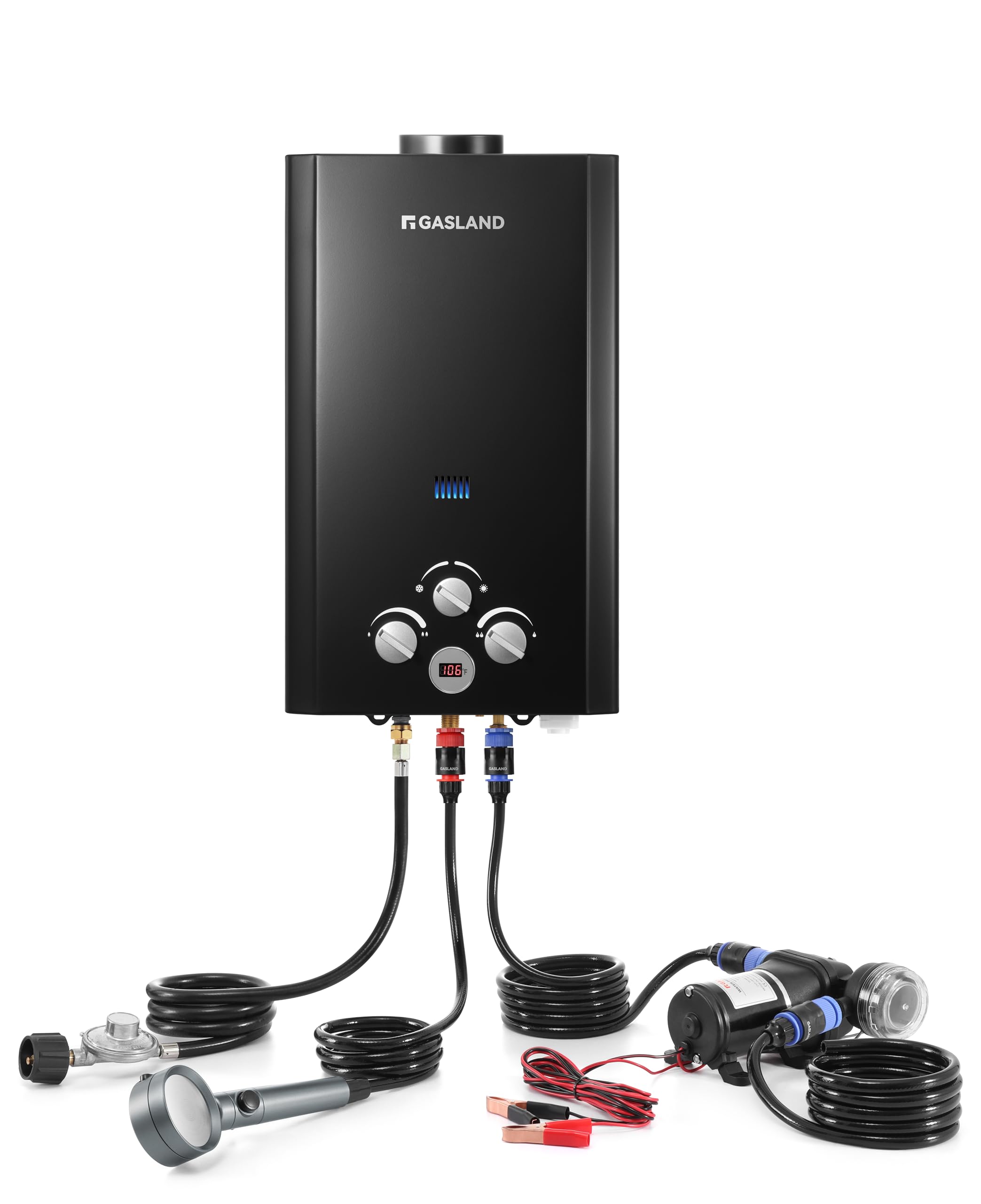 Photo 1 of GASLAND 2.64 GPM Tankless Water Heater Propane with Pump Set, Outdoor On Demand Hot Water Heater for Camping Shower, Off Grid Outdoor Shower, 10L, BE264BQ120